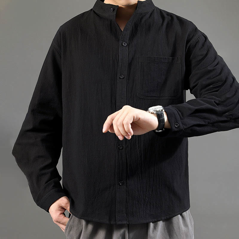 Men's Long Sleeve Shirt With Pocket Stand Collar Comfort Linen Shirt