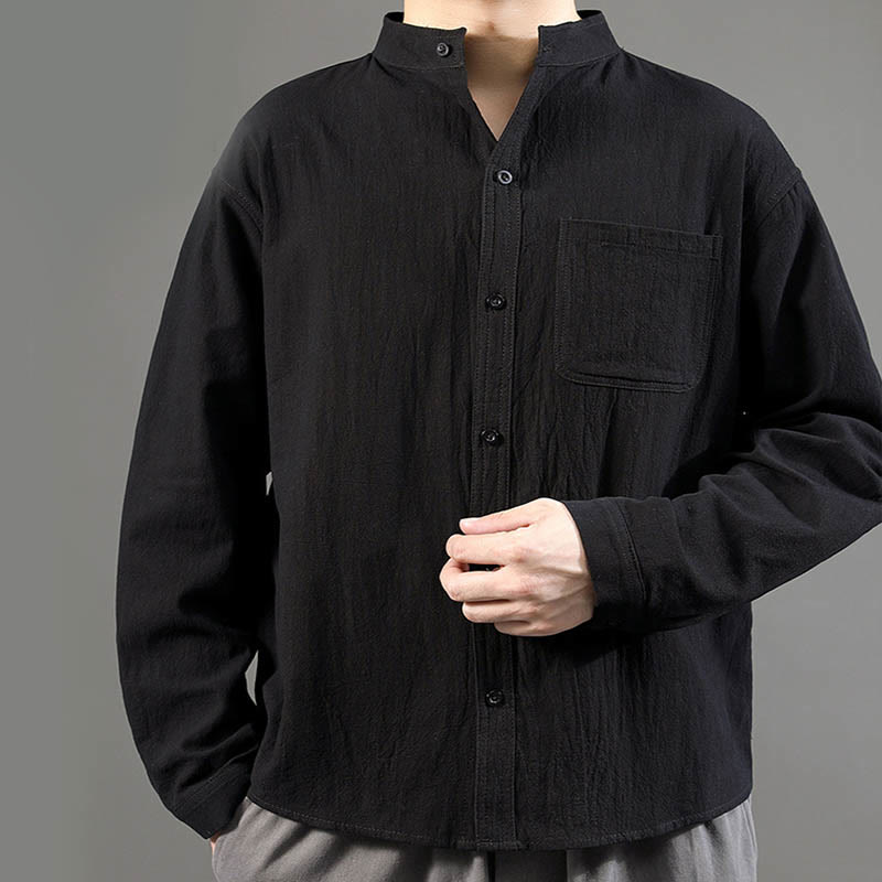 Men's Long Sleeve Shirt With Pocket Stand Collar Comfort Linen Shirt