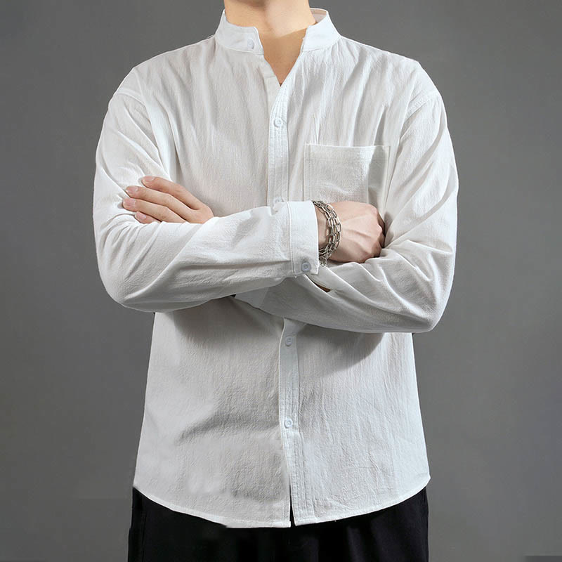 Men's Long Sleeve Shirt With Pocket Stand Collar Comfort Linen Shirt