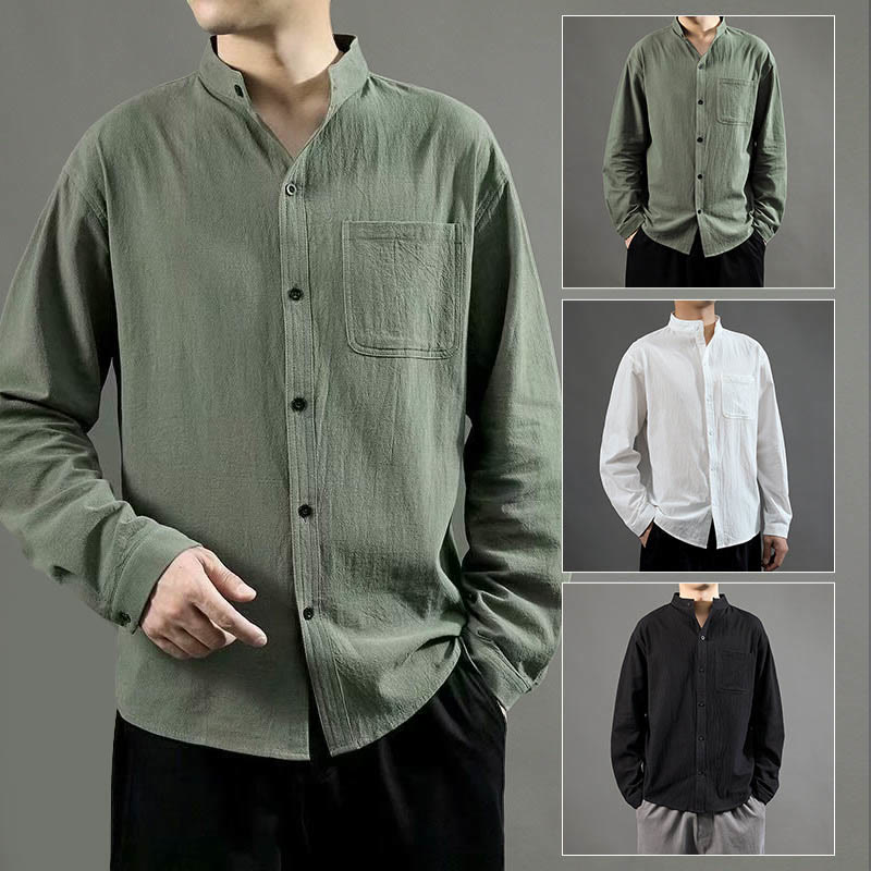 Men's Long Sleeve Shirt With Pocket Stand Collar Comfort Linen Shirt