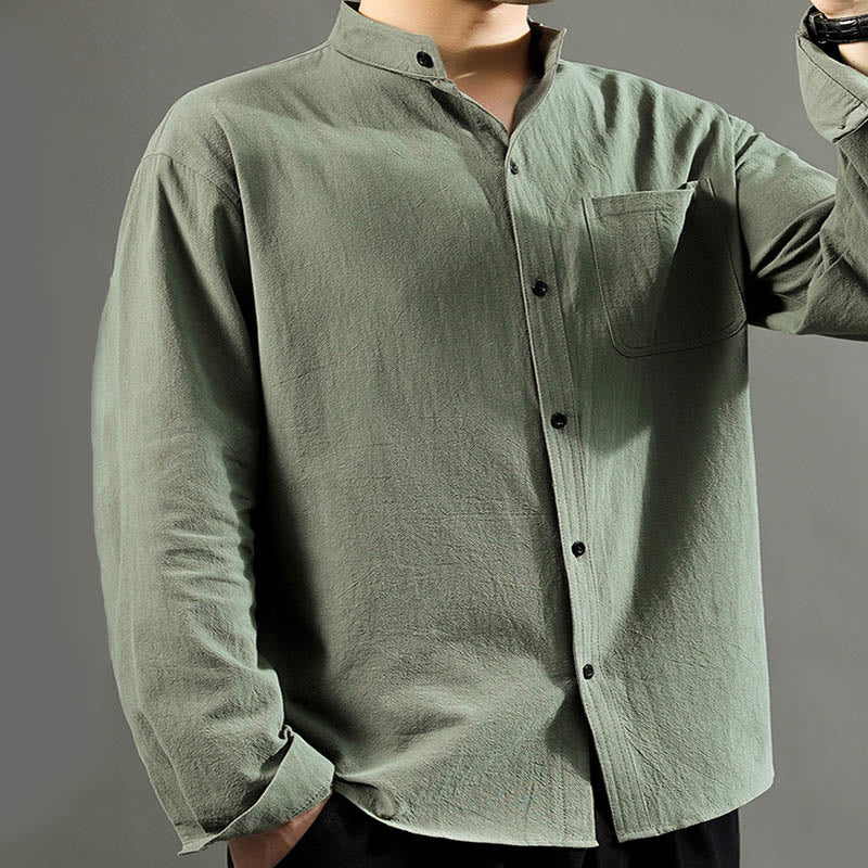 Men's Long Sleeve Shirt With Pocket Stand Collar Comfort Linen Shirt