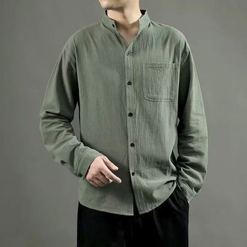 Men's Long Sleeve Shirt With Pocket Stand Collar Comfort Linen Shirt