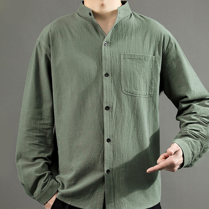 Men's Long Sleeve Shirt With Pocket Stand Collar Comfort Linen Shirt