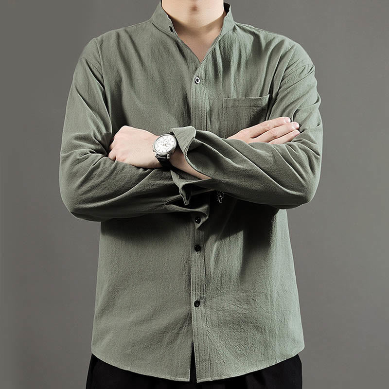 Men's Long Sleeve Shirt With Pocket Stand Collar Comfort Linen Shirt