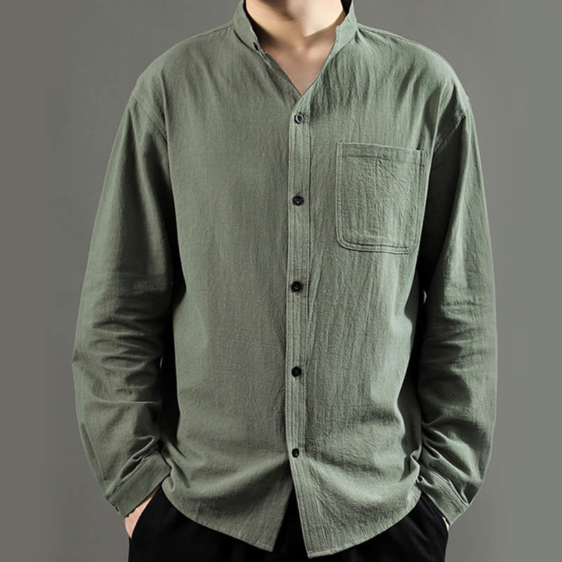 Men's Long Sleeve Shirt With Pocket Stand Collar Comfort Linen Shirt