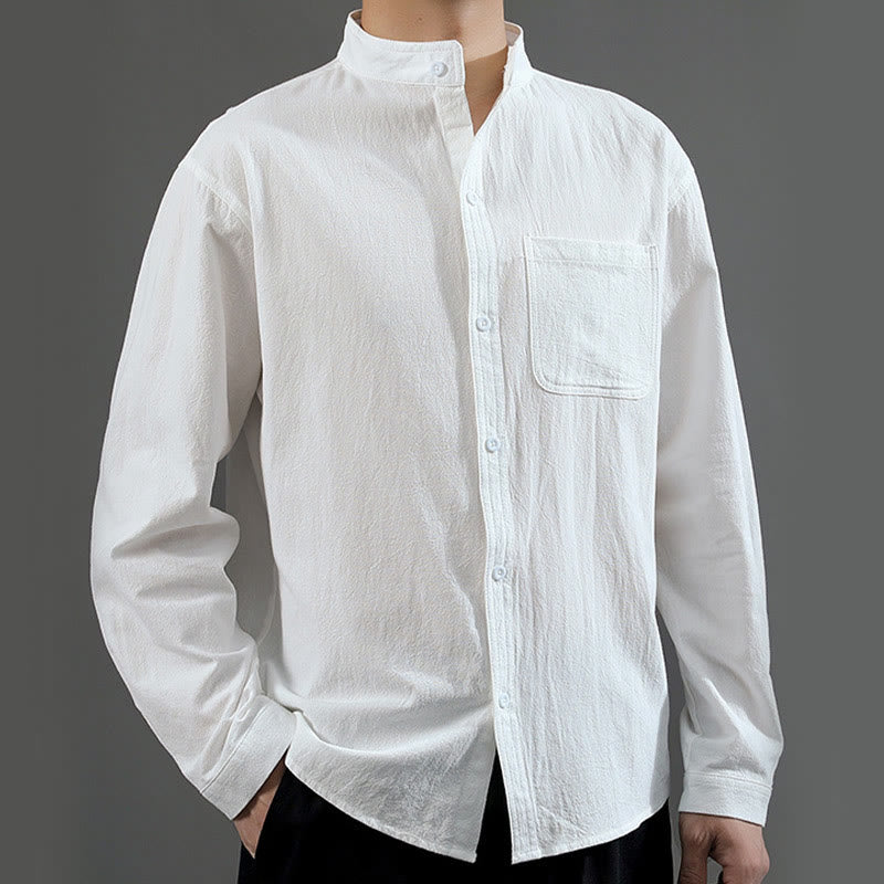 Men's Long Sleeve Shirt With Pocket Stand Collar Comfort Linen Shirt
