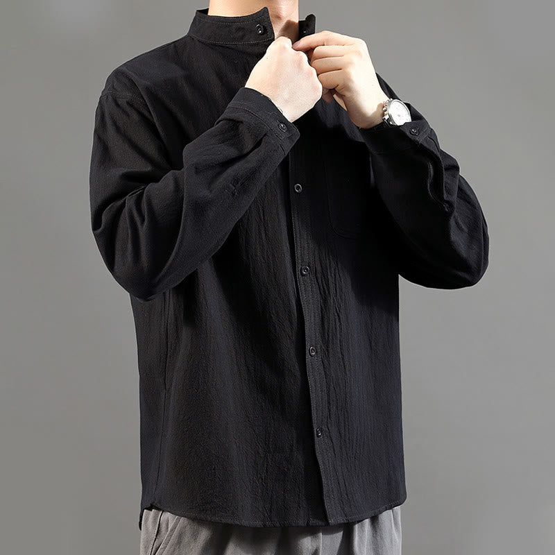 Men's Long Sleeve Shirt With Pocket Stand Collar Comfort Linen Shirt