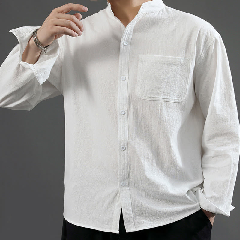 Men's Long Sleeve Shirt With Pocket Stand Collar Comfort Linen Shirt