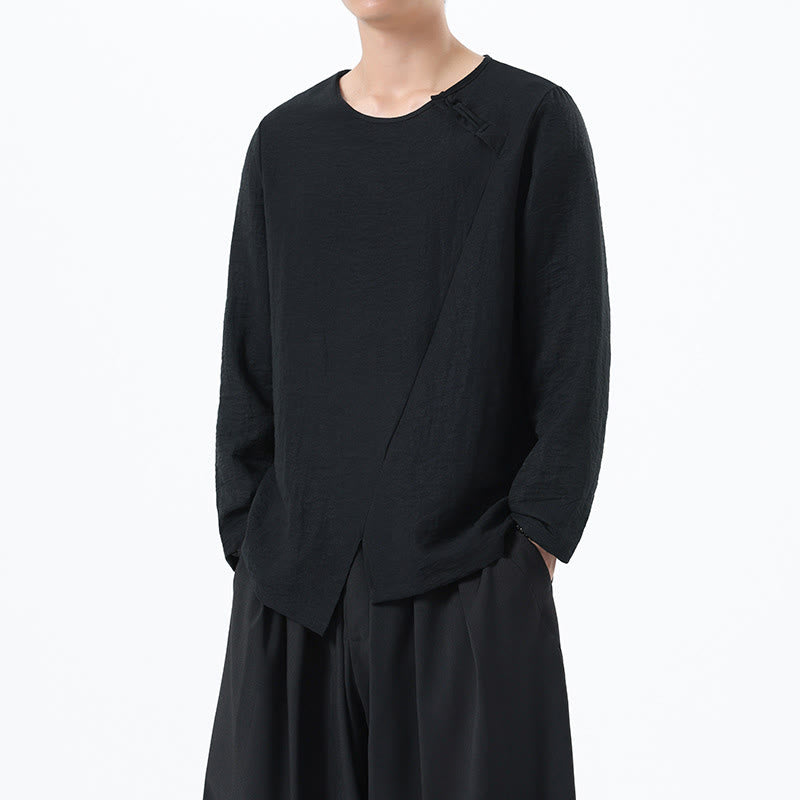 Men's Long Sleeve Round Collar Comfort Cotton Linen Shirt