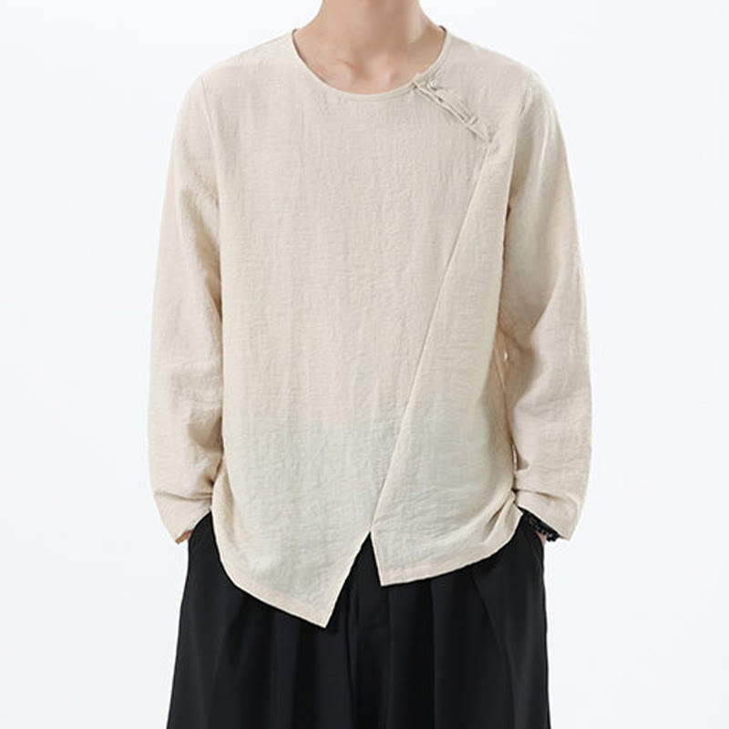 Men's Long Sleeve Round Collar Comfort Cotton Linen Shirt