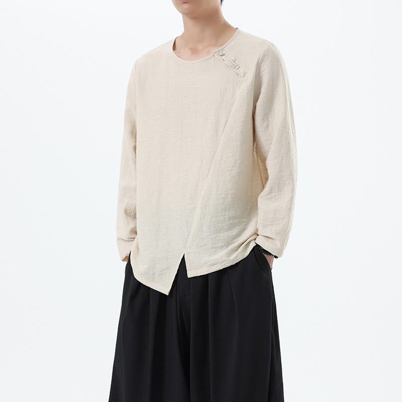 Men's Long Sleeve Round Collar Comfort Cotton Linen Shirt