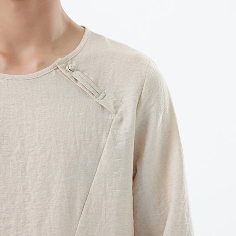 Men's Long Sleeve Round Collar Comfort Cotton Linen Shirt