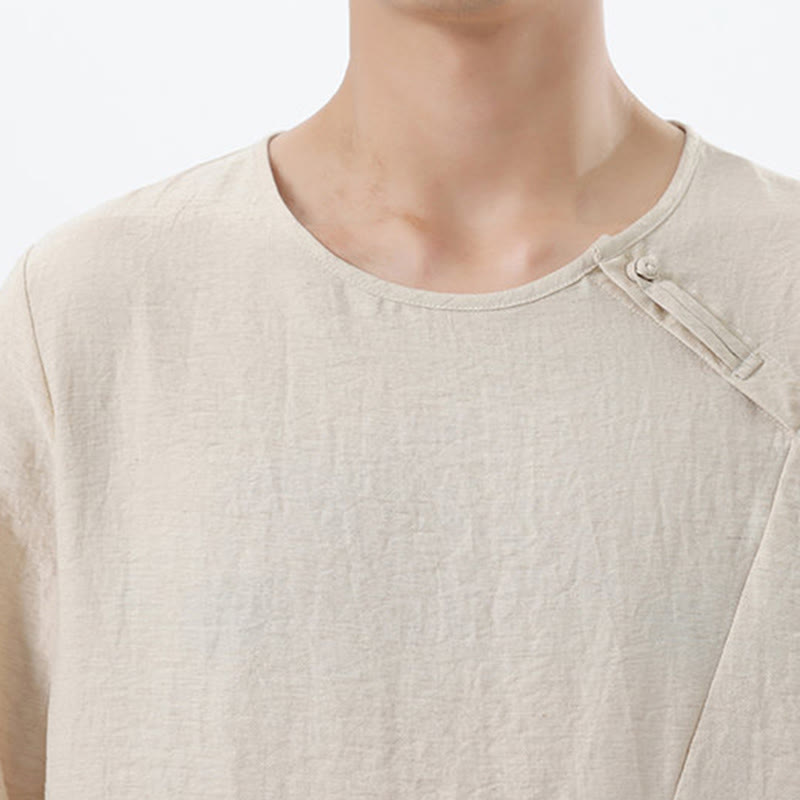 Men's Long Sleeve Round Collar Comfort Cotton Linen Shirt