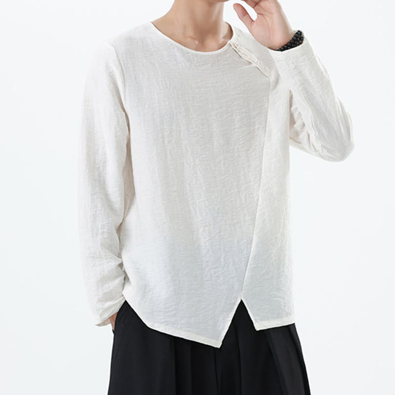 Men's Long Sleeve Round Collar Comfort Cotton Linen Shirt
