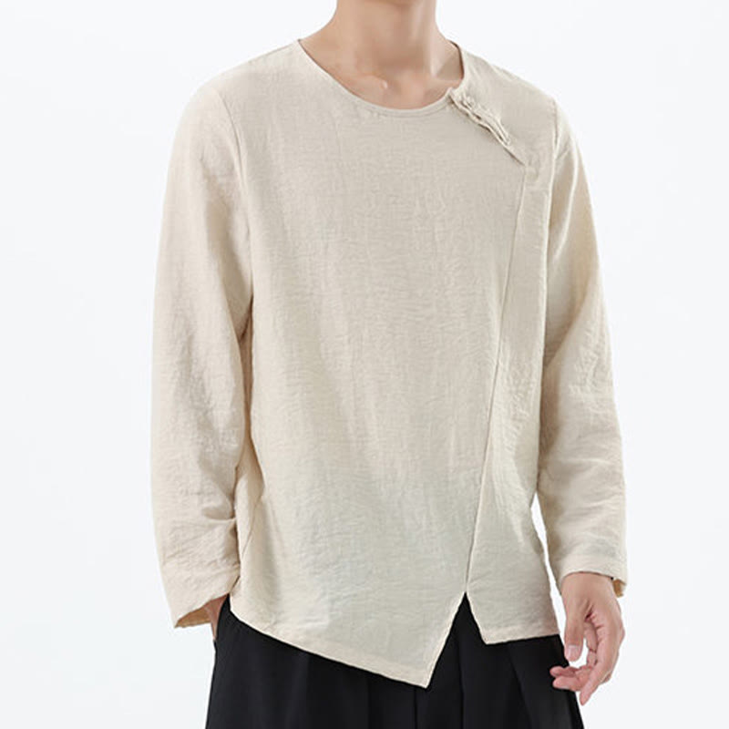 Men's Long Sleeve Round Collar Comfort Cotton Linen Shirt