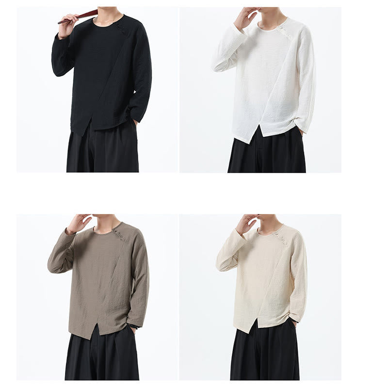Men's Long Sleeve Round Collar Comfort Cotton Linen Shirt