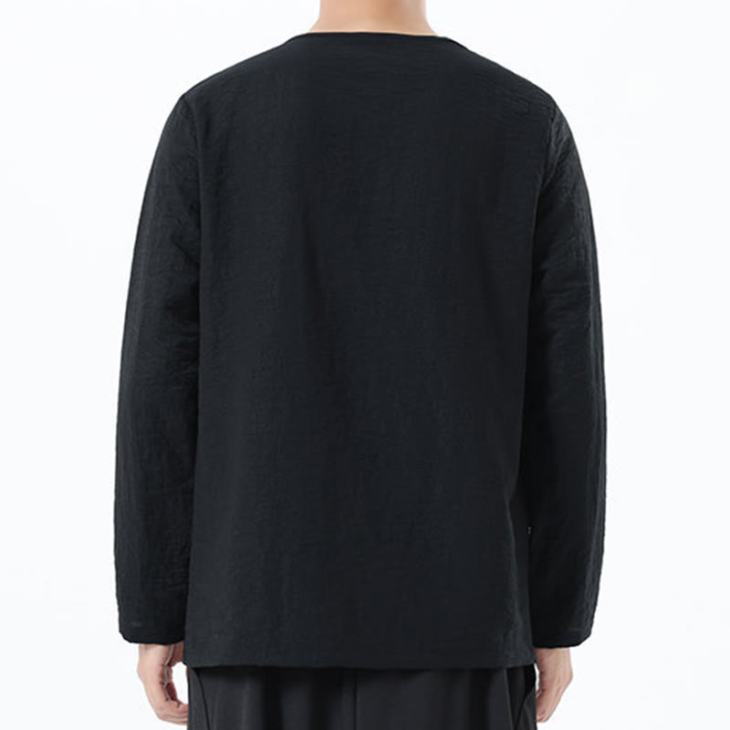 Men's Long Sleeve Round Collar Comfort Cotton Linen Shirt