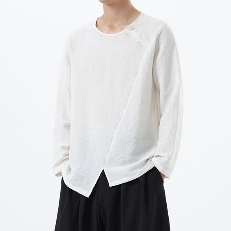 Men's Long Sleeve Round Collar Comfort Cotton Linen Shirt