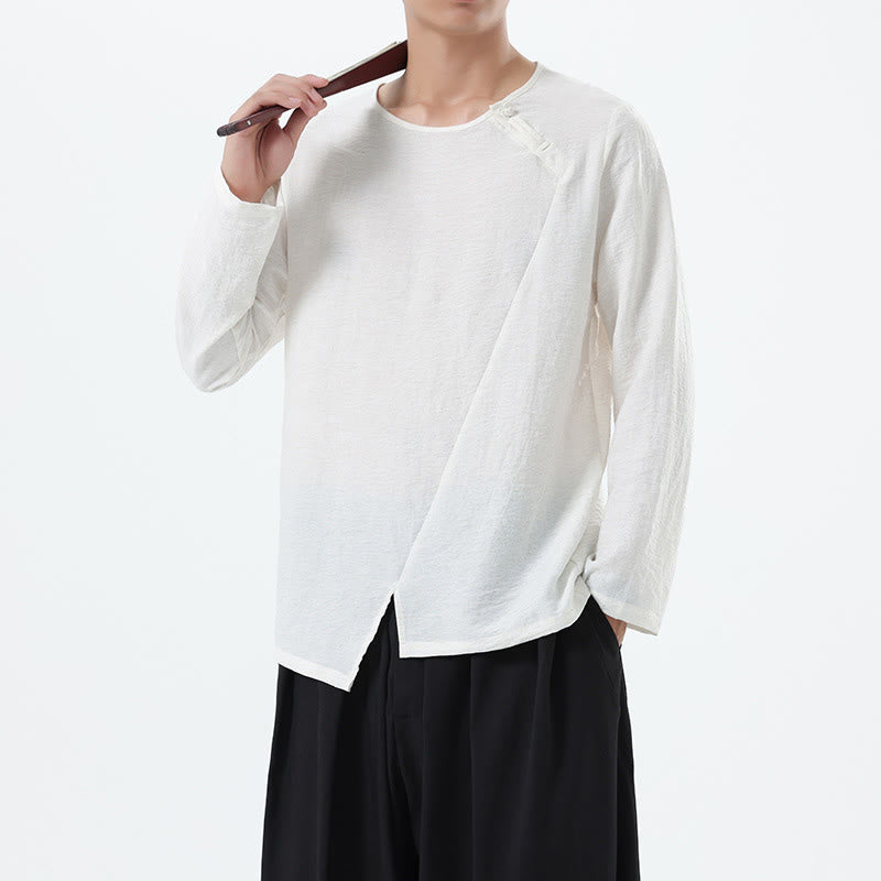 Men's Long Sleeve Round Collar Comfort Cotton Linen Shirt