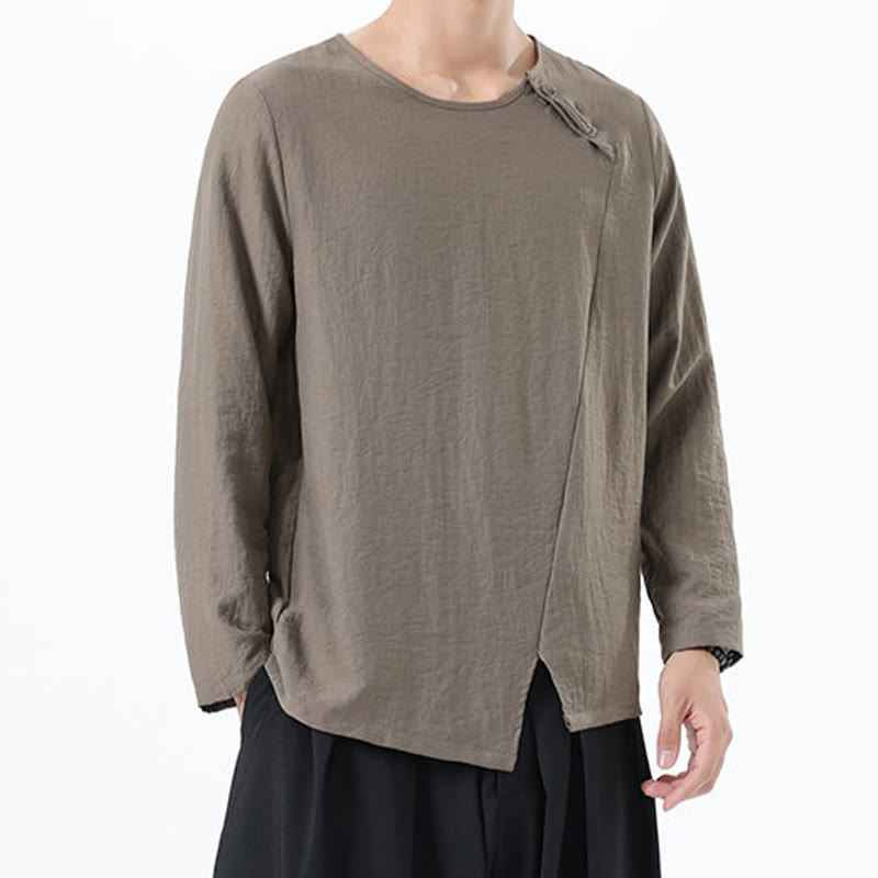 Men's Long Sleeve Round Collar Comfort Cotton Linen Shirt