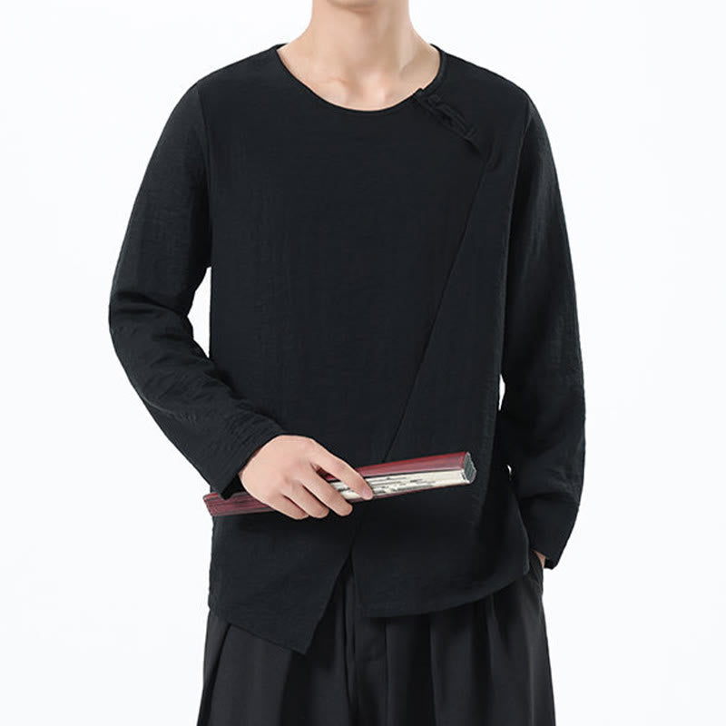 Men's Long Sleeve Round Collar Comfort Cotton Linen Shirt