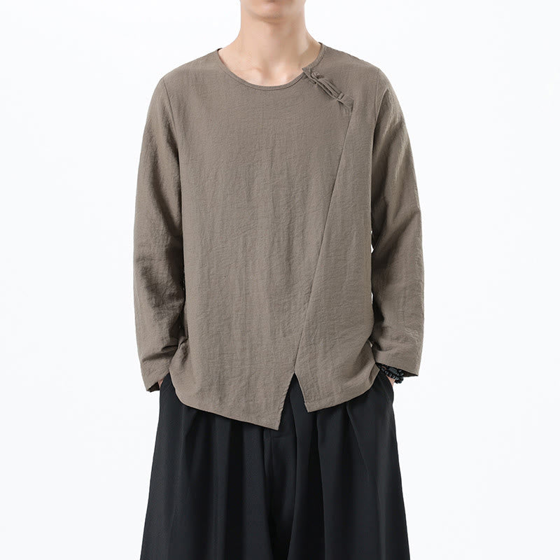 Men's Long Sleeve Round Collar Comfort Cotton Linen Shirt