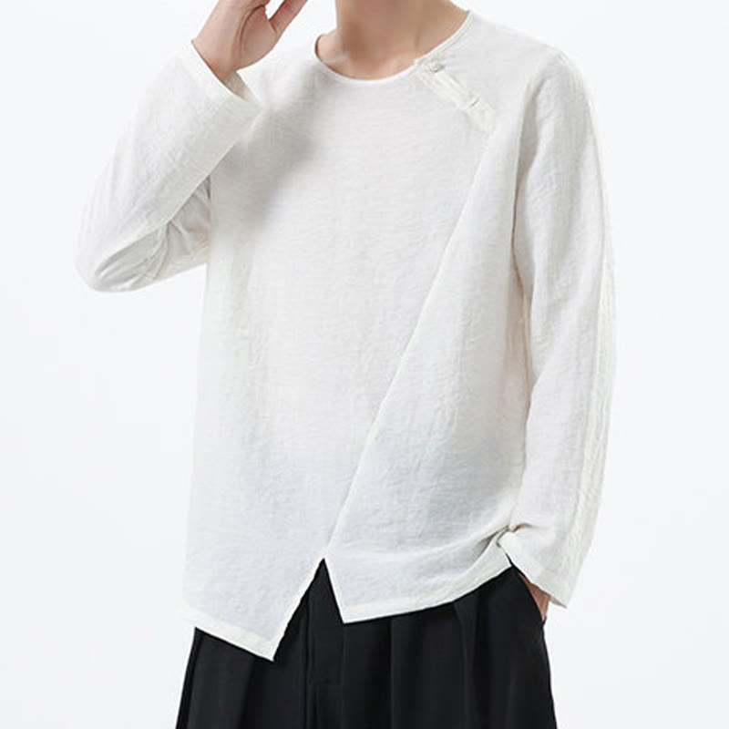 Men's Long Sleeve Round Collar Comfort Cotton Linen Shirt