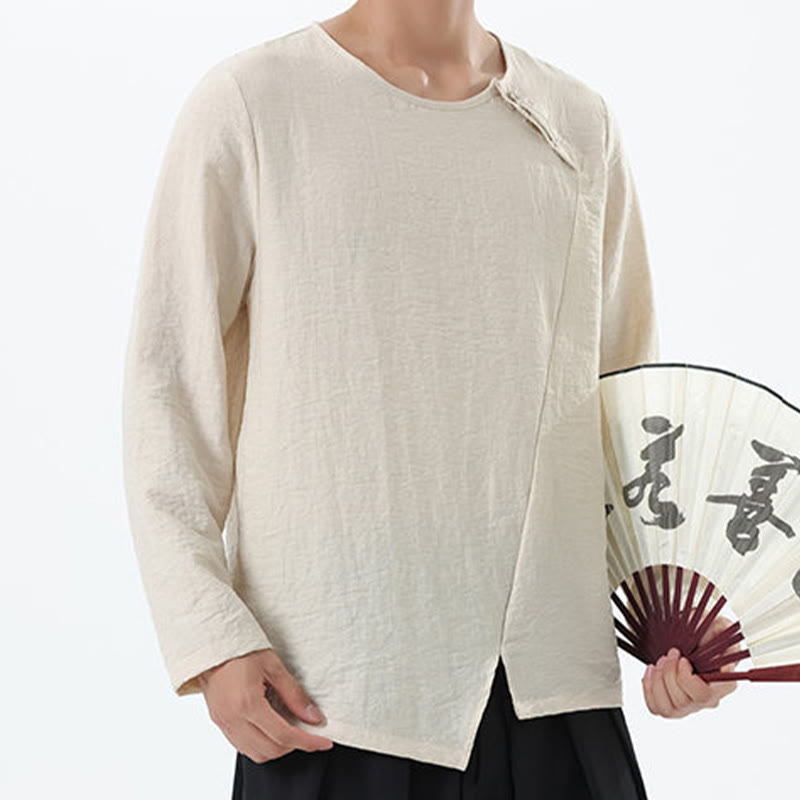 Men's Long Sleeve Round Collar Comfort Cotton Linen Shirt