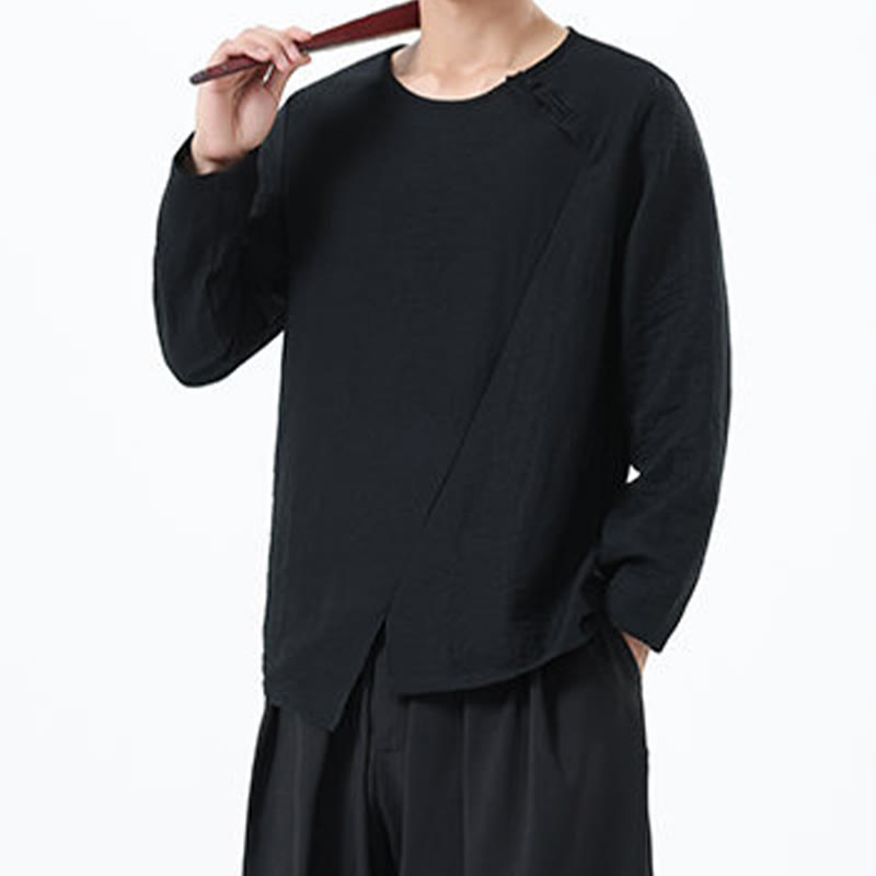 Men's Long Sleeve Round Collar Comfort Cotton Linen Shirt