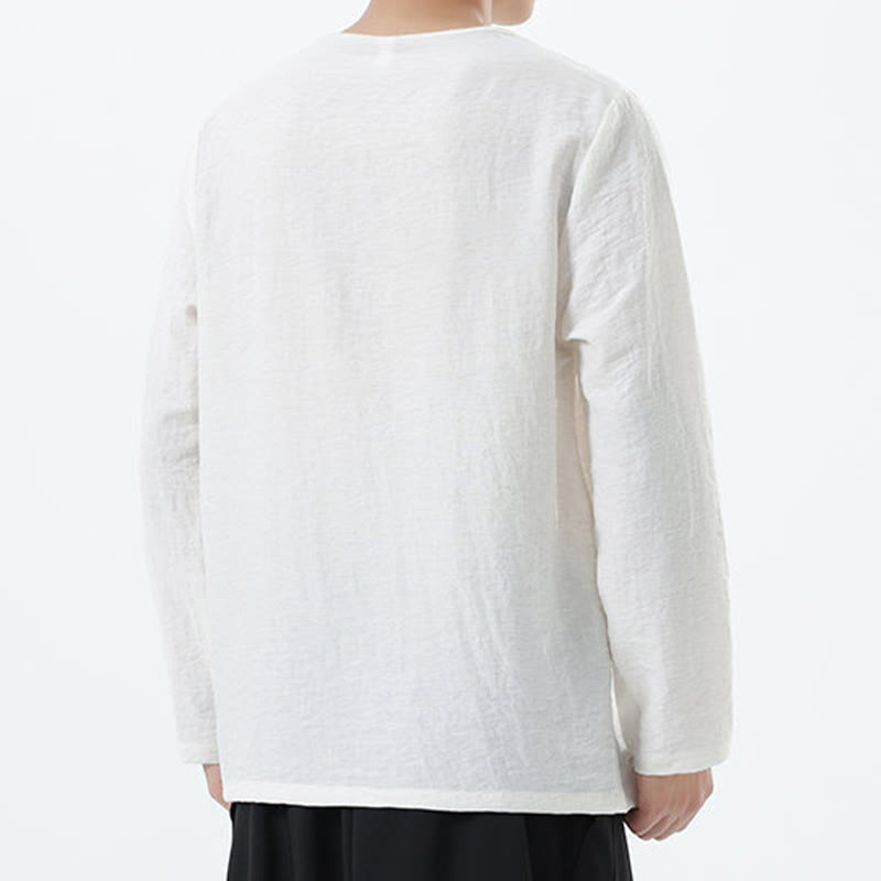 Men's Long Sleeve Round Collar Comfort Cotton Linen Shirt
