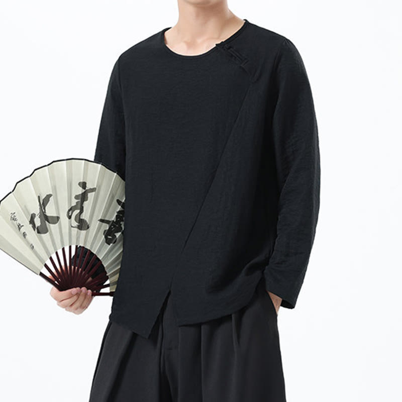 Men's Long Sleeve Round Collar Comfort Cotton Linen Shirt