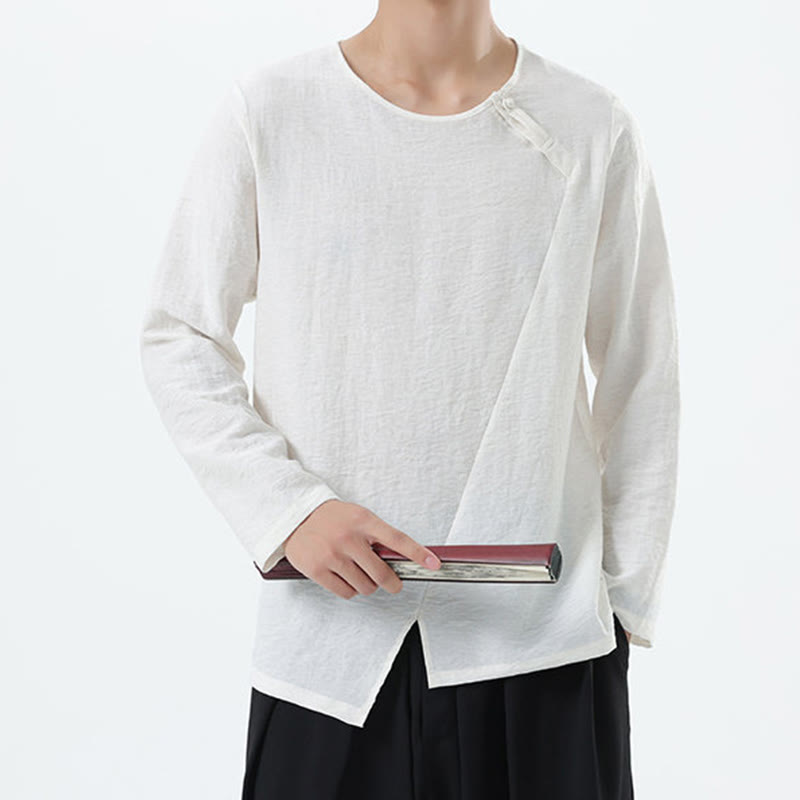 Men's Long Sleeve Round Collar Comfort Cotton Linen Shirt