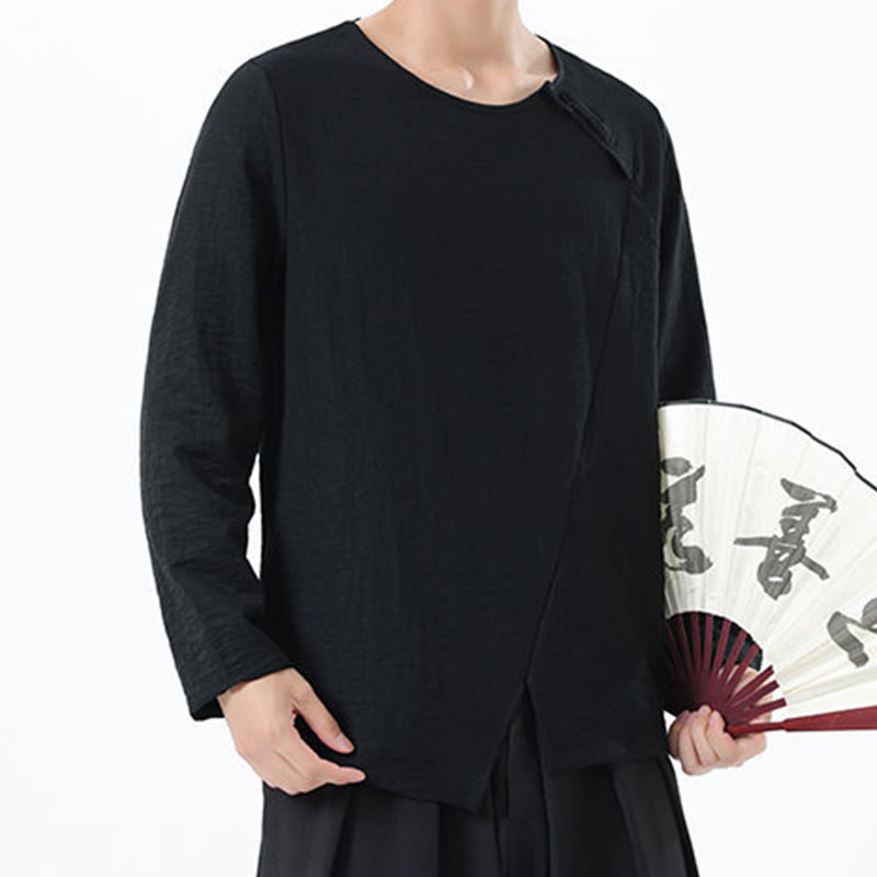Men's Long Sleeve Round Collar Comfort Cotton Linen Shirt