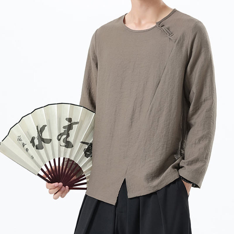 Men's Long Sleeve Round Collar Comfort Cotton Linen Shirt