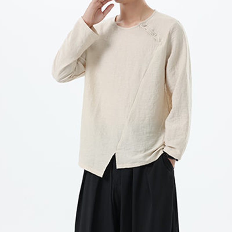 Men's Long Sleeve Round Collar Comfort Cotton Linen Shirt