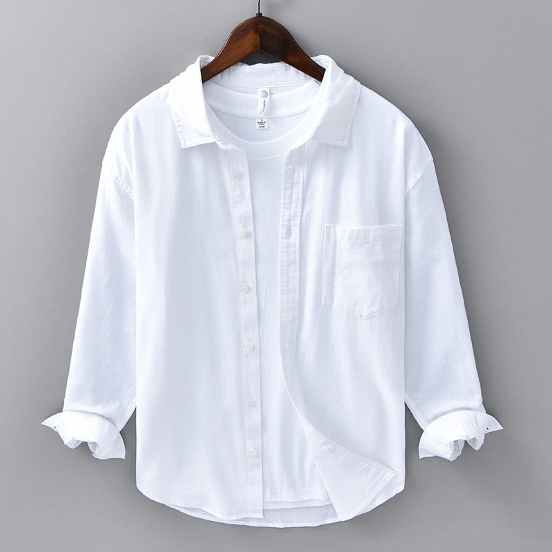 Men's Long Sleeve Turn-down Collar With Pocket Pure Color Comfortable Cotton Shirt