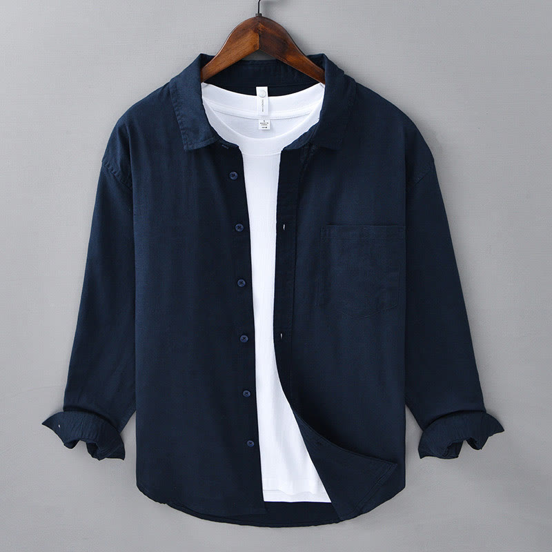 Men's Long Sleeve Turn-down Collar With Pocket Pure Color Comfortable Cotton Shirt