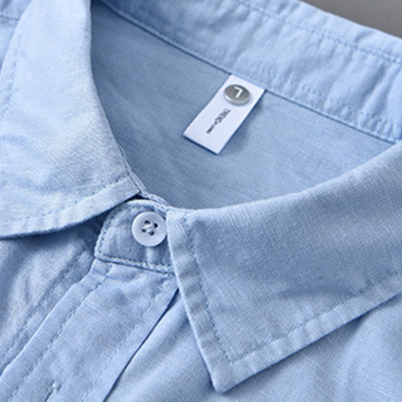 Men's Long Sleeve Turn-down Collar With Pocket Pure Color Comfortable Cotton Shirt