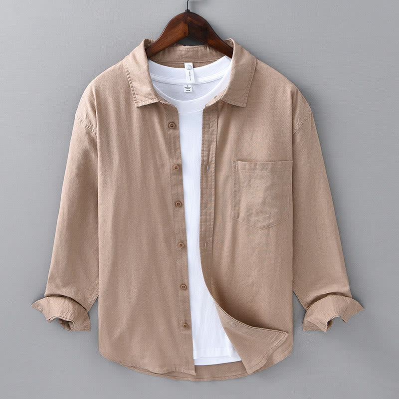 Men's Long Sleeve Turn-down Collar With Pocket Pure Color Comfortable Cotton Shirt