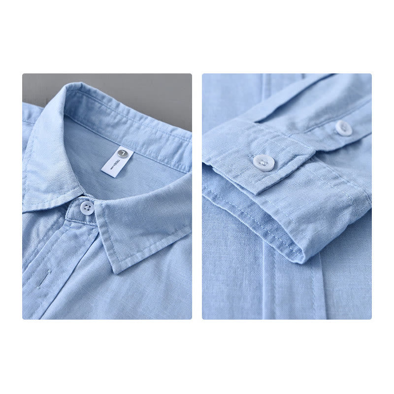 Men's Long Sleeve Turn-down Collar With Pocket Pure Color Comfortable Cotton Shirt