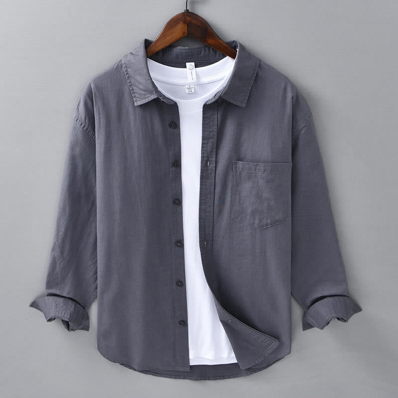Men's Long Sleeve Turn-down Collar With Pocket Pure Color Comfortable Cotton Shirt