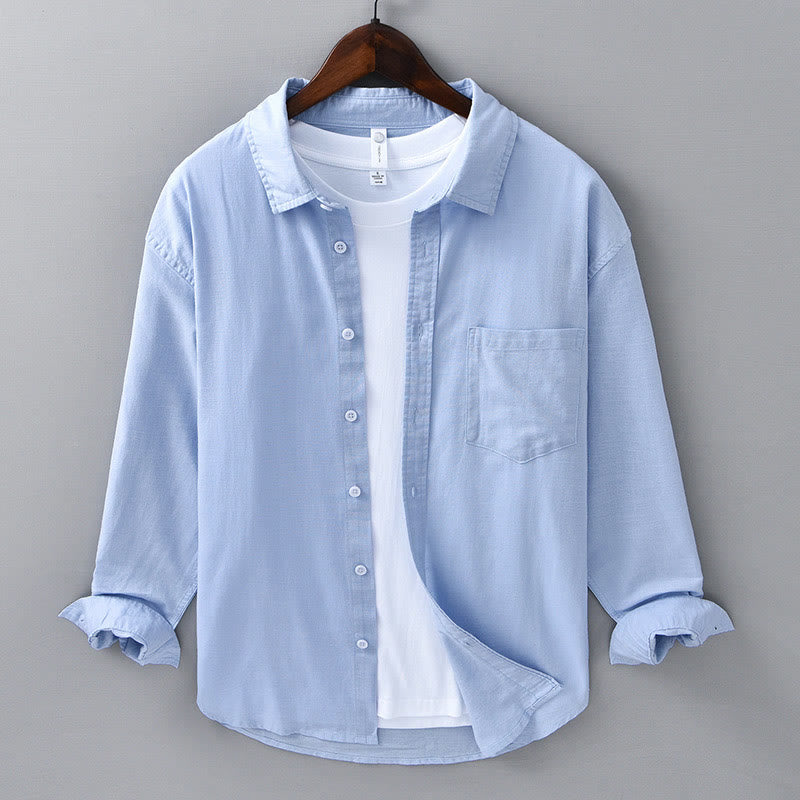 Men's Long Sleeve Turn-down Collar With Pocket Pure Color Comfortable Cotton Shirt