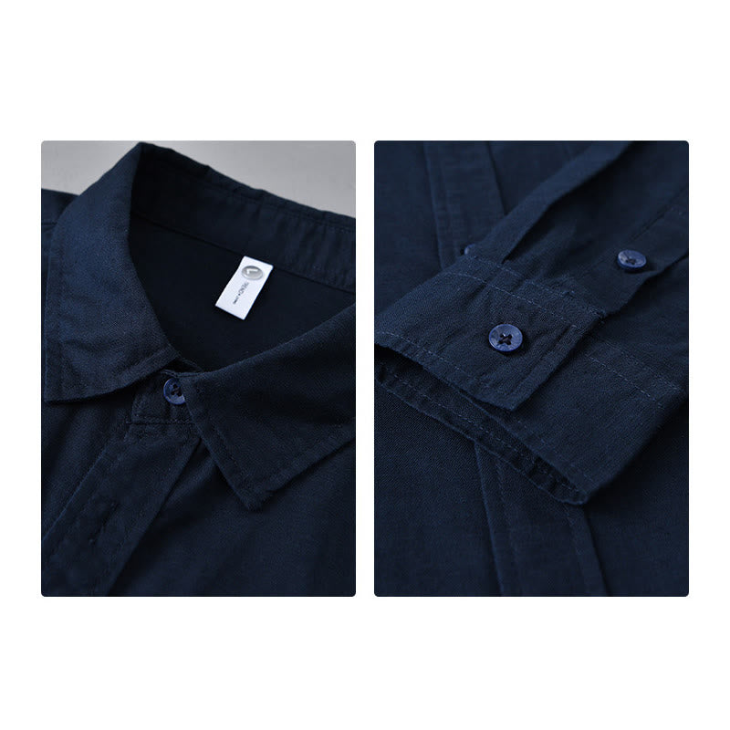 Men's Long Sleeve Turn-down Collar With Pocket Pure Color Comfortable Cotton Shirt