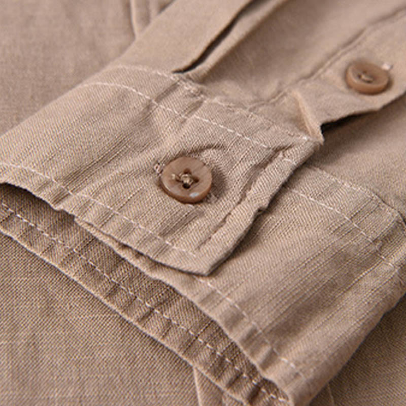 Men's Long Sleeve Turn-down Collar With Pocket Pure Color Comfortable Cotton Shirt