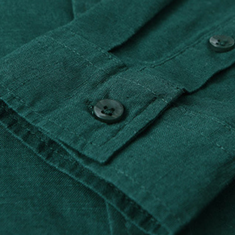 Men's Long Sleeve Turn-down Collar With Pocket Pure Color Comfortable Cotton Shirt