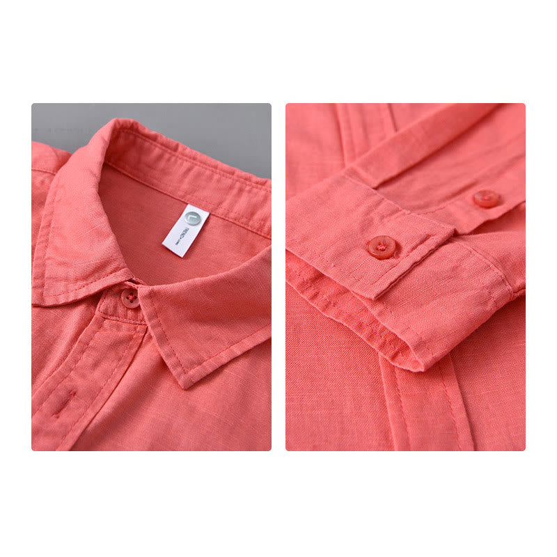 Men's Long Sleeve Turn-down Collar With Pocket Pure Color Comfortable Cotton Shirt