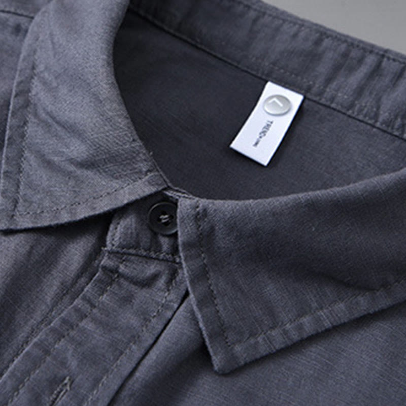 Men's Long Sleeve Turn-down Collar With Pocket Pure Color Comfortable Cotton Shirt