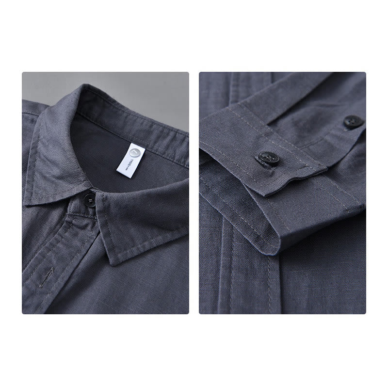 Men's Long Sleeve Turn-down Collar With Pocket Pure Color Comfortable Cotton Shirt