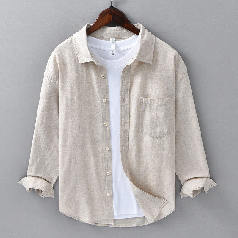 Men's Long Sleeve Turn-down Collar With Pocket Pure Color Comfortable Cotton Shirt