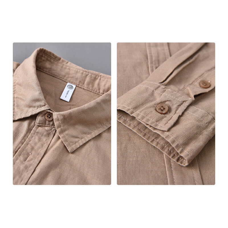 Men's Long Sleeve Turn-down Collar With Pocket Pure Color Comfortable Cotton Shirt